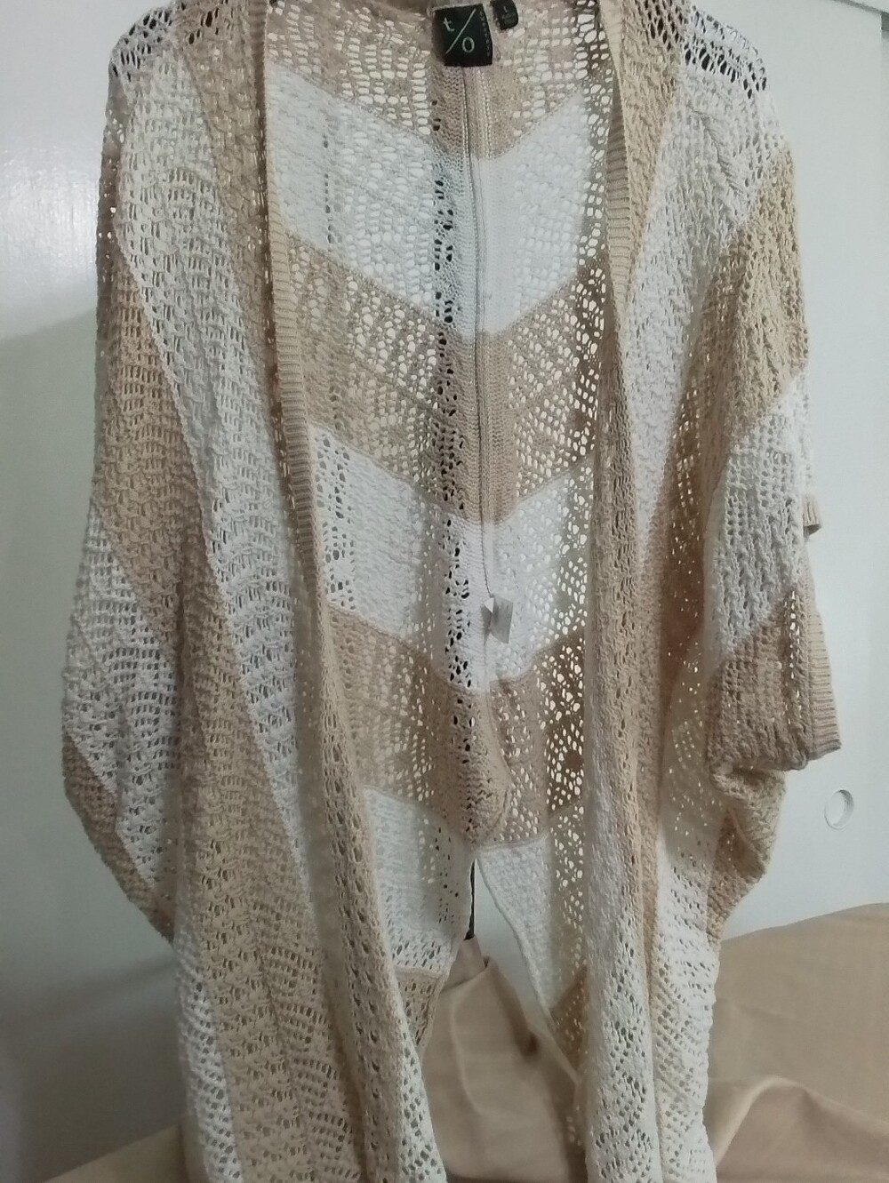 Lightweight Beige and White Open-Knit Women’s Sweater Cardigan